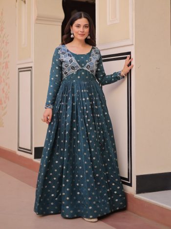 DESIGNER POSITION PRINT CHOLI WITH STAPLE JACQUARD WEAVING WORK GOWN TEAL
