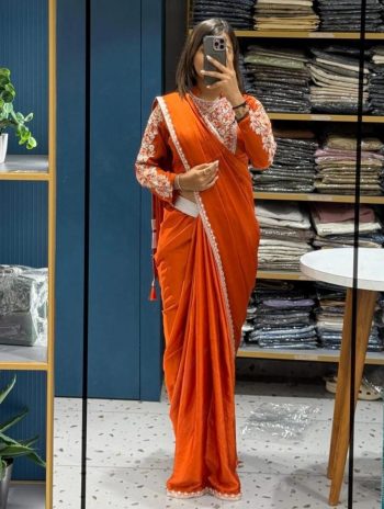 DESIGNER RANGOLI SILK EMBROIDERY CODING WORK READY TO WEAR SAREE WITH STITCHED BLOUSE ORANGE