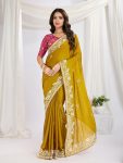 DESIGNER RANGOLI SILK EMBROIDERY WORK BORDER WITH PIPING WORK SAREE WITH UNSTITCHED BLOUSE MUSTARD