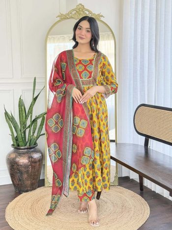 DESIGNER RAYON CODING AND EMBROIDERY WORK TOP BOTTOM WITH DUPATTA MUSTARD