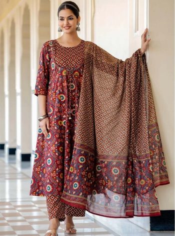 DESIGNER RAYON PRINTED WORK TOP BOTTOM WITH DUPATTA MAROON
