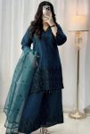 DESIGNER ROMAN SILK COTTON ZARI, THREAD & SEQUENCE EMBROIDERY WORK TOP PALAZZO WITH DUPATTA NAVY BLUE