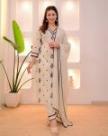 DESIGNER ROMAN SILK EMBROIDERY WORK AND LACE WORK TOP BOTTOM WITH DUPATTA OFFICE WEAR WHOLESALE PRICE ETHNIC GARMENT(16)