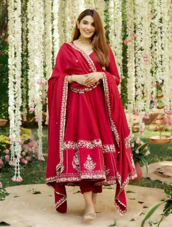 DESIGNER ROMAN SILK MULTI EMBROIDERED  SEQUENCE AND THREAD WORK ANARKALI BOTTOM WITH DUPATTA RED