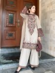 DESIGNER ROMAN SILK SEQUENCE EMBROIDERY WORK TOP PALAZZO DUPATTA WHITE