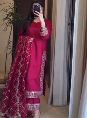 DESIGNER SATIN SILK EMBROIDERY THREAD WORK WITH READY-MADE LACE BORDER WORK TOP BOTTOM WITH DUPATTA RANI