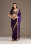 DESIGNER SATIN SILK SEQUENCE WITH JARI DORI EMBROIDERY  WITH CUTWORK BORDER SAREE WITH UNSTITCHED BLOUSE PURPLE