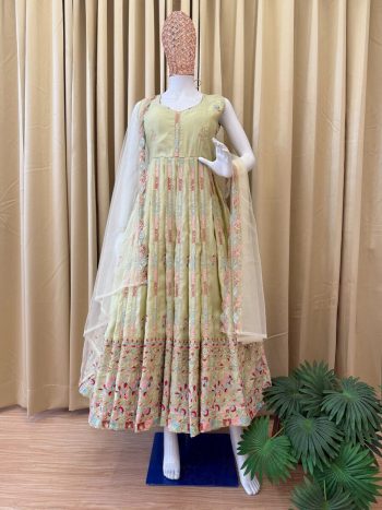 DESIGNER SHIMMER EMBROIDERY WORK GOWN WITH DUPATTA PISTA