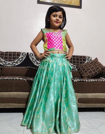 DESIGNER SILK WEAVING WORK  KID'S LEHANGA CHOLI  SKY