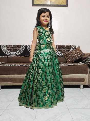 DESIGNER SILK WEAVING WORK  KID'S LEHANGA CHOLI GREEN