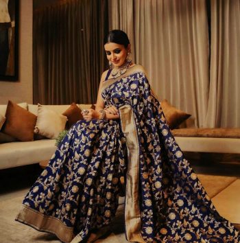 DESIGNER SOFT LICHI SILK  JACQUARD WORK  SAREE WITH UNSTITCHED BLOUSE  NAVY BLUE