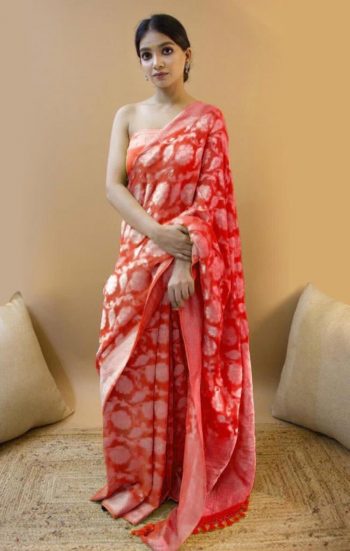 DESIGNER SOFT LICHI SILK JACQUARD WORK  SAREE WITH UNSTITCHED BLOUSE  RED