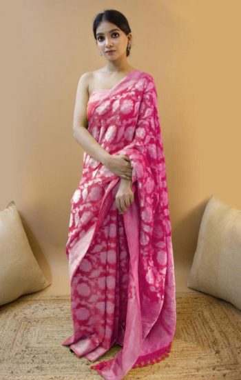 DESIGNER SOFT LICHI SILK JACQUARD WORK  SAREE WITH UNSTITCHED BLOUSE PINK