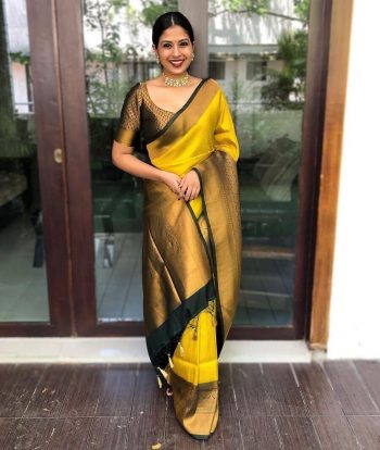 DESIGNER SOFT LICHI SILK JACQUARD WORK SAREE WITH UNSTITCHED BLOUSE YELLOW