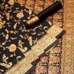 DESIGNER SOFT LICHI SILK JACQUARD WORK  WITH ORIGINAL GOLD ZARI SAREE WITH UNSTITCHED BLOUSE  BLACK