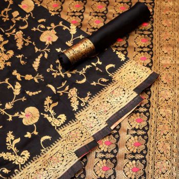 DESIGNER SOFT LICHI SILK JACQUARD WORK  WITH ORIGINAL GOLD ZARI SAREE WITH UNSTITCHED BLOUSE  BLACK