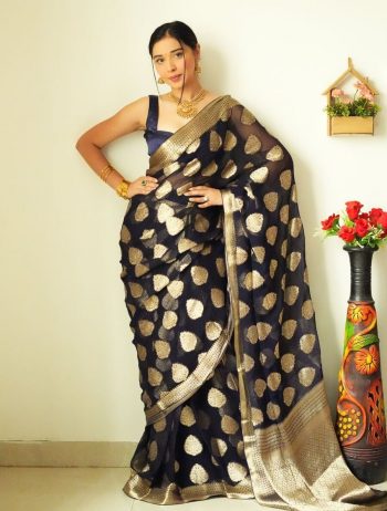 DESIGNER SOFT LINEN SLAB RICH WEAVING WORK READY TO WEAR SAREE WITH UNSTITCHED BLOUSE BLACK