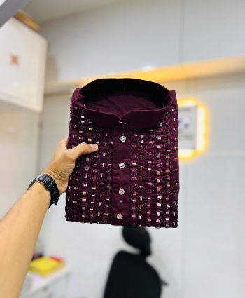 DESIGNER SOFT SILK REAL MIRROR HAND WORK MEN'S KURTA PAYJAMA WINE