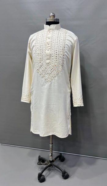 DESIGNER SOFT SILK REAL MIRROR HAND WORK MEN'S KURTA PAYJAMA OFF WHITE