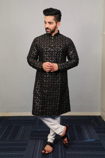 DESIGNER SOFT SILK SILVER AND MATE SEQUENCE WITH EMBROIDERY WORK KURTA PAYJAMA BLACK
