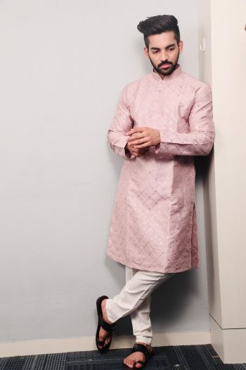 DESIGNER SOFT SILK SILVER AND MATE SEQUENCE WITH EMBROIDERY WORK KURTA PAYJAMA LAVENDER