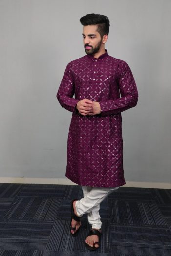 DESIGNER SOFT SILK SILVER AND MATE SEQUENCE WITH EMBROIDERY WORK KURTA PAYJAMA WINE