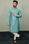 DESIGNER SOFT SILK SILVER AND MATE SEQUENCE WITH EMBROIDERY WORK KURTA PAYJAMA RAMA