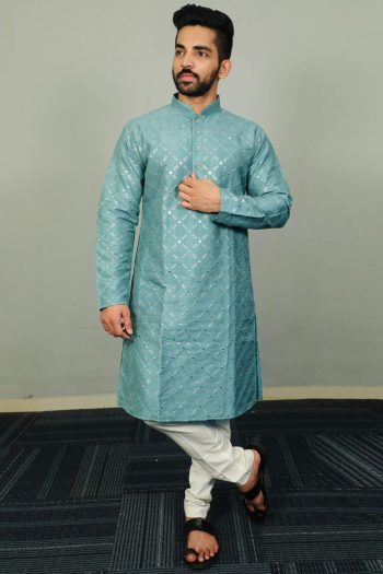 DESIGNER SOFT SILK SILVER AND MATE SEQUENCE WITH EMBROIDERY WORK KURTA PAYJAMA RAMA