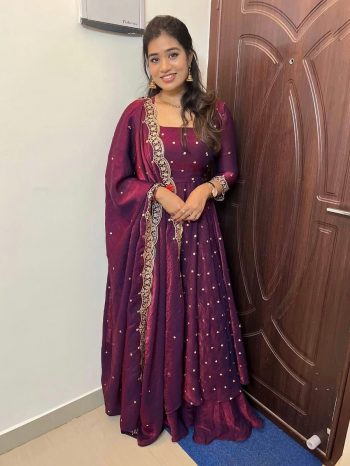 DESIGNER SPACE SILK SEQUENCE EMBROIDERY WORK GOWN WITH DUPATTA WINE