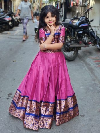 DESIGNER SPUN COTTON ZARI WEAVING WORK KID'S GOWN PINK