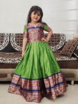 DESIGNER SPUN COTTON ZARI WEAVING WORK KID'S GOWN GREEN