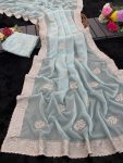 DESIGNER TABBY ORGANZA THREAD WORK AND ARCO BORDER SAREE WITH UNSTITCHED BLOUSE SKY
