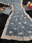 DESIGNER TABBY ORGANZA THREAD WORK AND ARCO BORDER SAREE WITH UNSTITCHED BLOUSE GREY