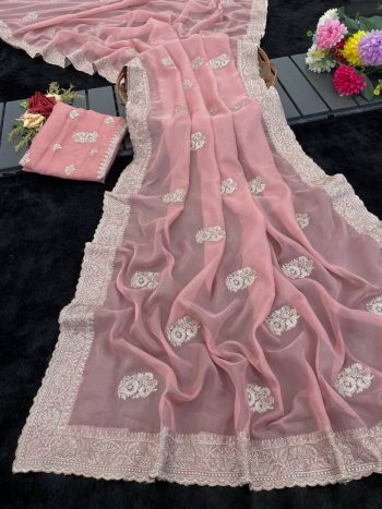 DESIGNER TABBY ORGANZA THREAD WORK AND ARCO BORDER SAREE WITH UNSTITCHED BLOUSE BABY PINK