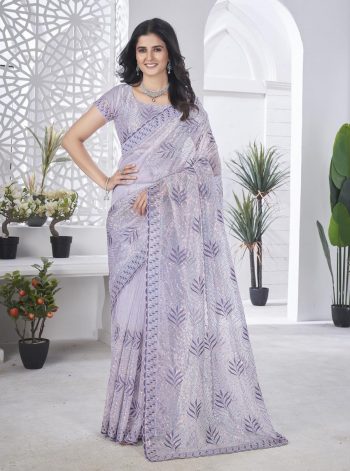 DESIGNER TISSUE NET SEQUENCE & PITA WORK WITH MULTI COLOUR THREAD EMBROIDERY WORK SAREE WITH UNSTITCHED BLOUSE LAVENDER