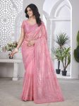 DESIGNER TISSUE NET SEQUENCE & PITA WORK WITH MULTI COLOUR THREAD EMBROIDERY WORK SAREE WITH UNSTITCHED BLOUSE PINK