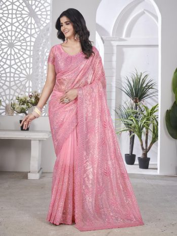 DESIGNER TISSUE NET SEQUENCE & PITA WORK WITH MULTI COLOUR THREAD EMBROIDERY WORK SAREE WITH UNSTITCHED BLOUSE PINK