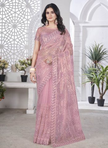 DESIGNER TISSUE NET SEQUENCE & PITA WORK WITH MULTI COLOUR THREAD EMBROIDERY WORK SAREE WITH UNSTITCHED BLOUSE