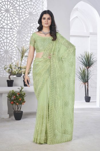 DESIGNER TISSUE NET SEQUENCE & PITA WORK WITH MULTI COLOUR THREAD EMBROIDERY WORK SAREE WITH UNSTITCHED BLOUSE PISTA