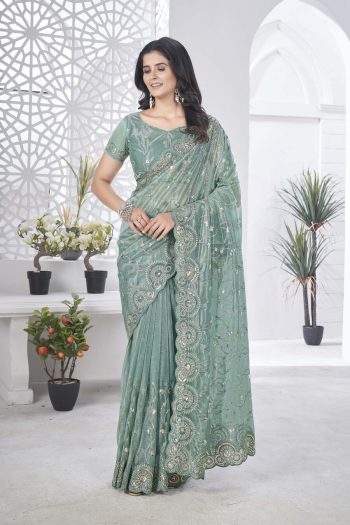 TRENDING BUTTERFLY NET EMBROIDERY WITH MULTI COLOUR THREAD AND STONEWORK SAREE WITH UNSTITCHED BLOUSE SEA GREEN