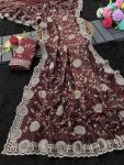 DESIGNER TISSUE SILK THREAD EMBROIDERY WORK SAREE WITH UNSTITCHED BLOUSE BROWN