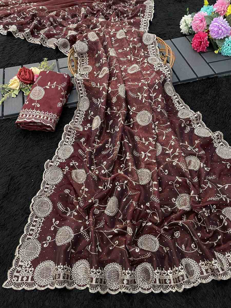 DESIGNER TISSUE SILK THREAD EMBROIDERY WORK SAREE WITH UNSTITCHED BLOUSE WEDDING WEAR WHOLESALE PRICE ETHNIC GARMENT (1)