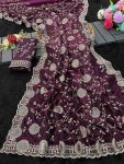 DESIGNER TISSUE SILK THREAD EMBROIDERY WORK SAREE WITH UNSTITCHED BLOUSE WINE