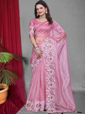 DESIGNER TWILL NET MULTI WORK SAREE WITH UNSTITCHED BLOUSE PINK