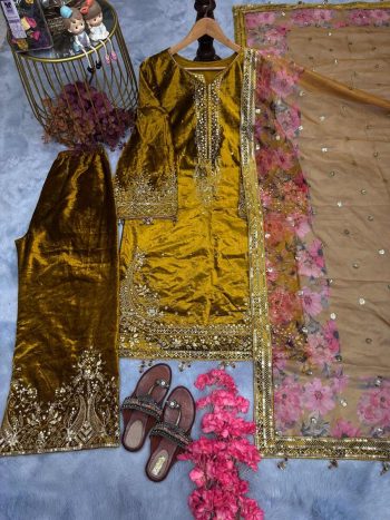 DESIGNER VELVET EMBROIDERY SEQUENCE WORK TOP PALAZZO WITH DUPATTA YELLOW
