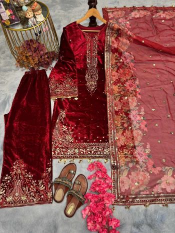 DESIGNER VELVET EMBROIDERY SEQUENCE WORK TOP PALAZZO WITH DUPATTA RED