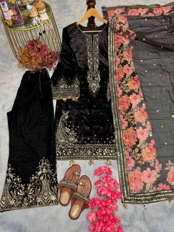 DESIGNER VELVET EMBROIDERY SEQUENCE WORK TOP PALAZZO WITH DUPATTA BLACK