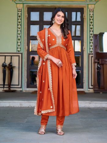 DESIGNER VICHITRA SILK EMBROIDERY AND SEQUENCE WORK TOP BOTTOM WITH DUPATTA ORANGE