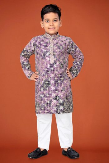 DESIGNER VISCOSE RAYON CHIKANKARI LUCKNOWI SCHIFLI WORK KID'S KURTA PAYJAMA PURPLE