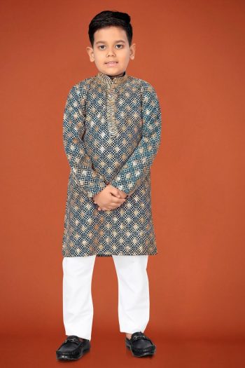 DESIGNER VISCOSE RAYON CHIKANKARI LUCKNOWI SCHIFLI WORK KID'S KURTA PAYJAMA GREEN